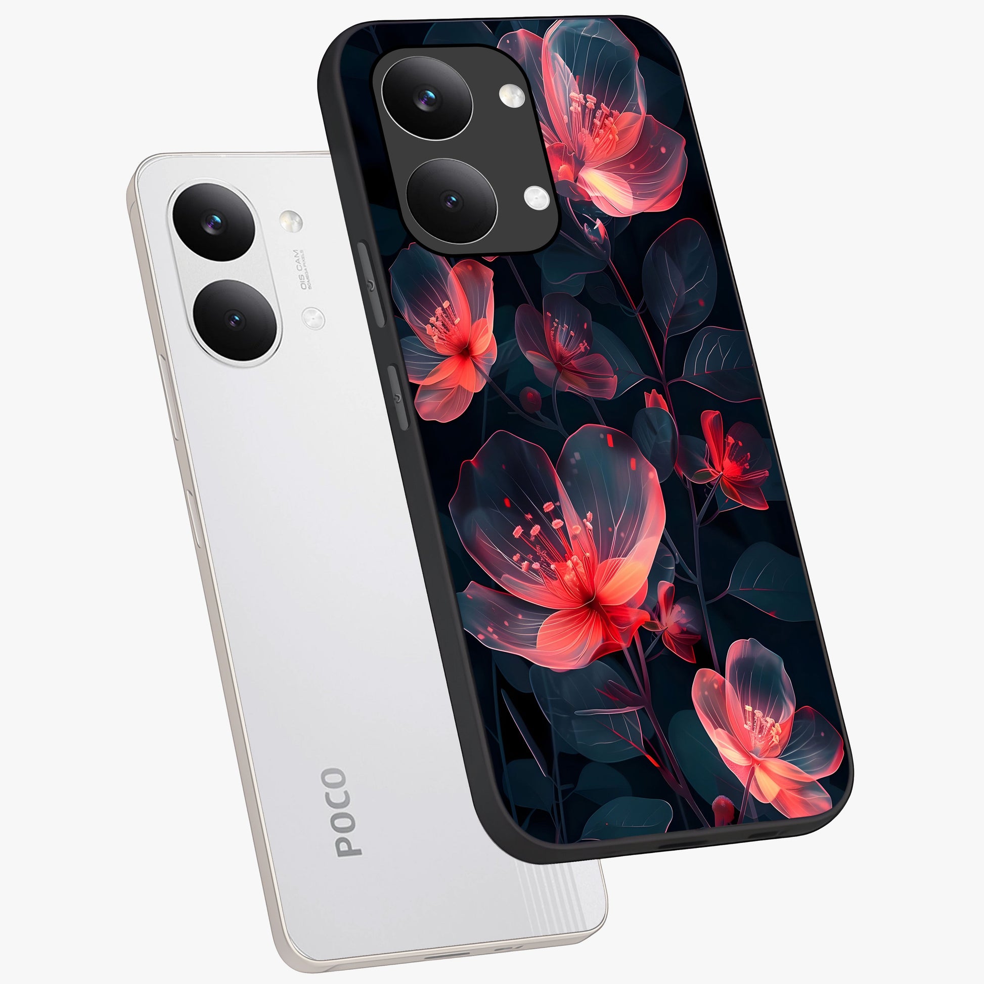 Dark Shade of Flower Glass Case displayed in angled mockup highlighting moody floral illustration with aesthetic dark tones.