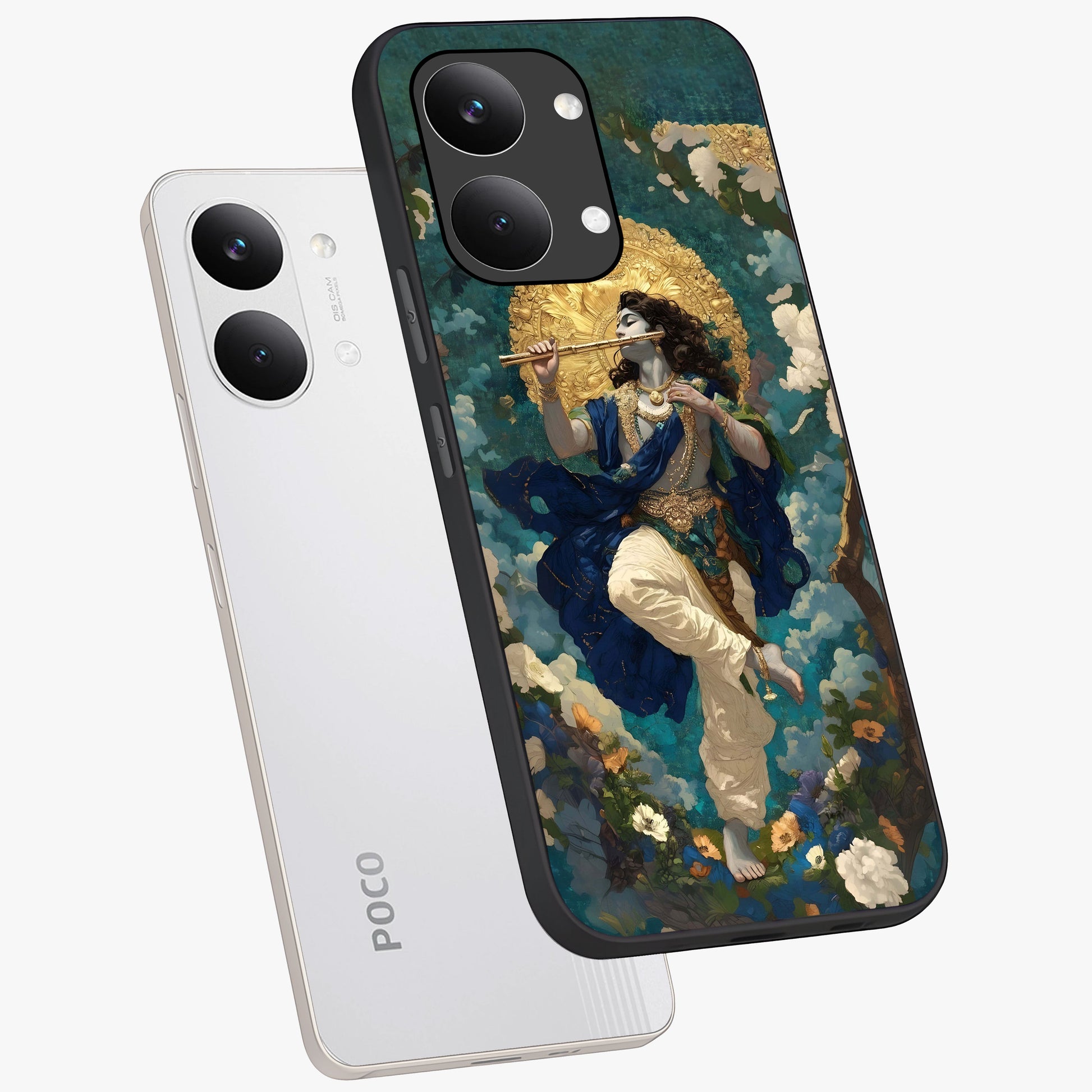 Divine Krishna Art Glass Case displayed in angled mockup highlighting spiritual Krishna illustration with devotional aesthetic.