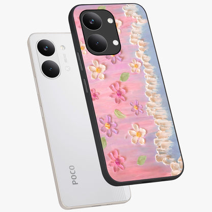 Dreamy Painted Garden Glass Case displayed in angled mockup highlighting colorful garden illustration with dreamy aesthetic style.