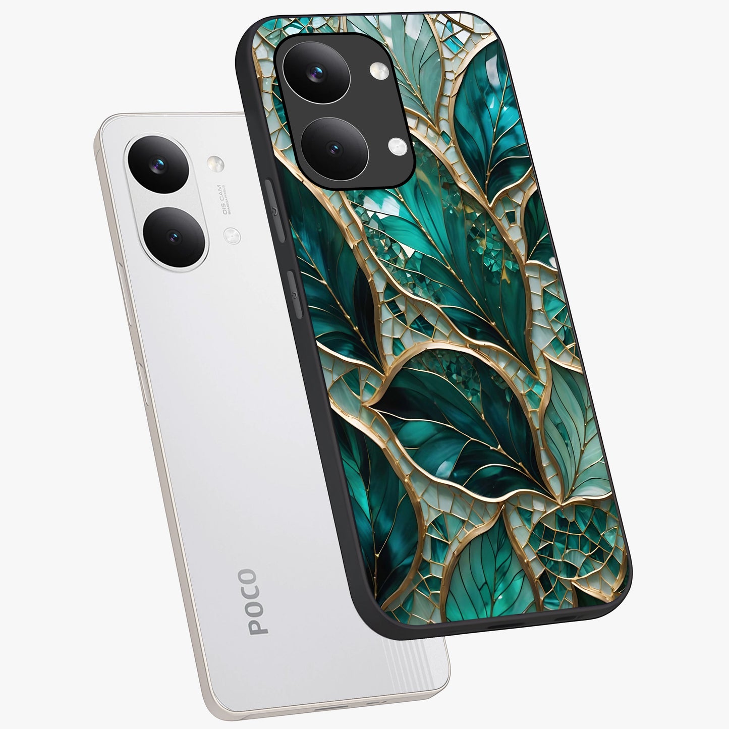 Emerald Leaf Glass Glass Case displayed in angled mockup highlighting botanical leaf illustration with elegant natural aesthetic.