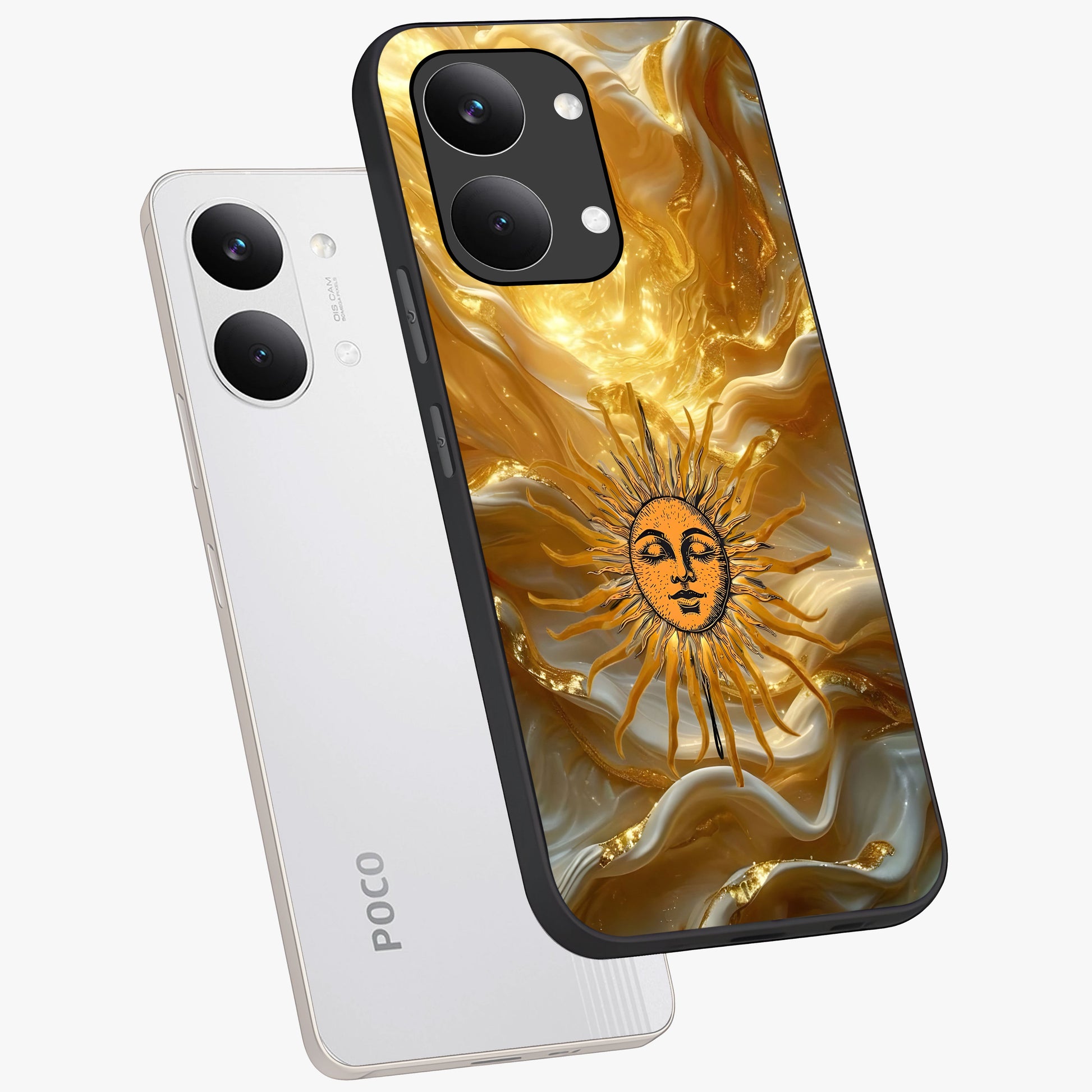 Eternal Golden Glow Glass Case displayed in angled mockup highlighting glowing golden aesthetic design with elegant style.
