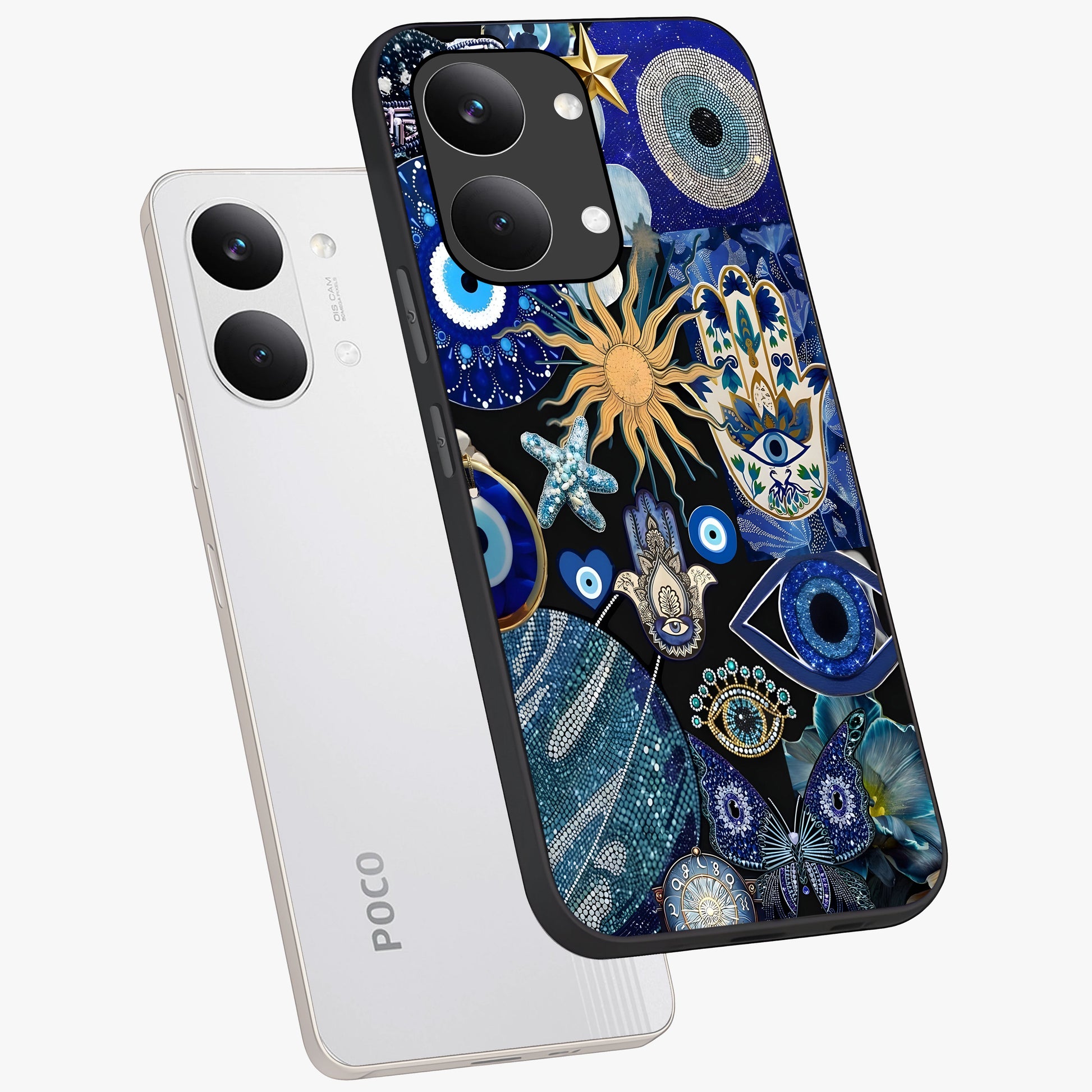 Evil Eye Charm Mix Glass Case displayed in angled mockup highlighting protective evil eye symbols with spiritual aesthetic design.