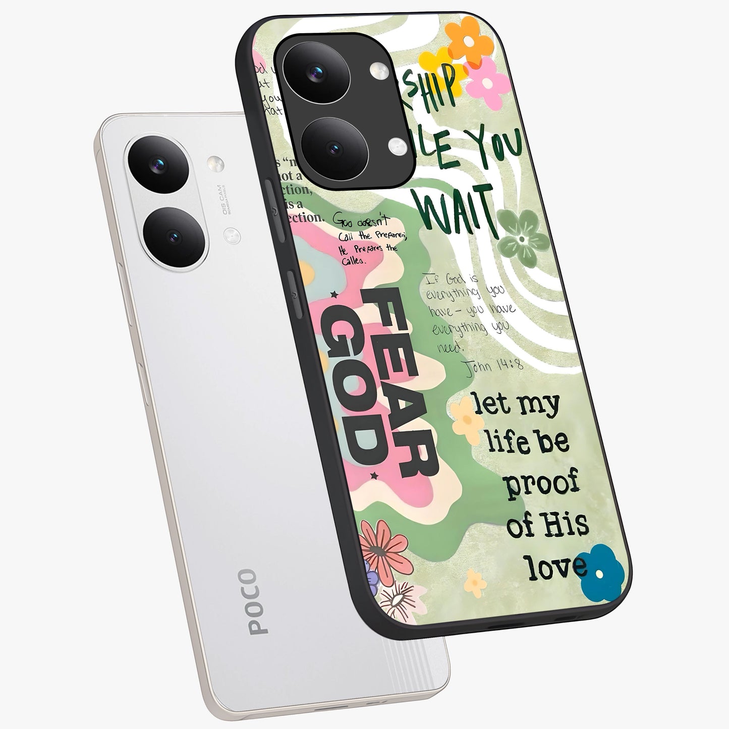 Faith Over Fear Glass Case displayed in angled mockup highlighting inspirational message design with modern aesthetic style.