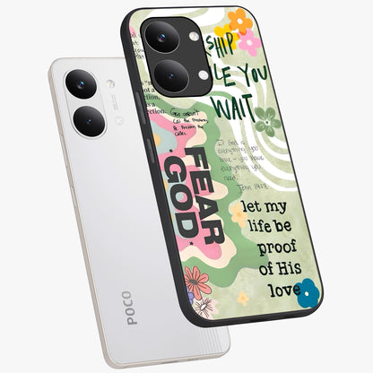 Faith Over Fear Glass Case displayed in angled mockup highlighting inspirational message design with modern aesthetic style.