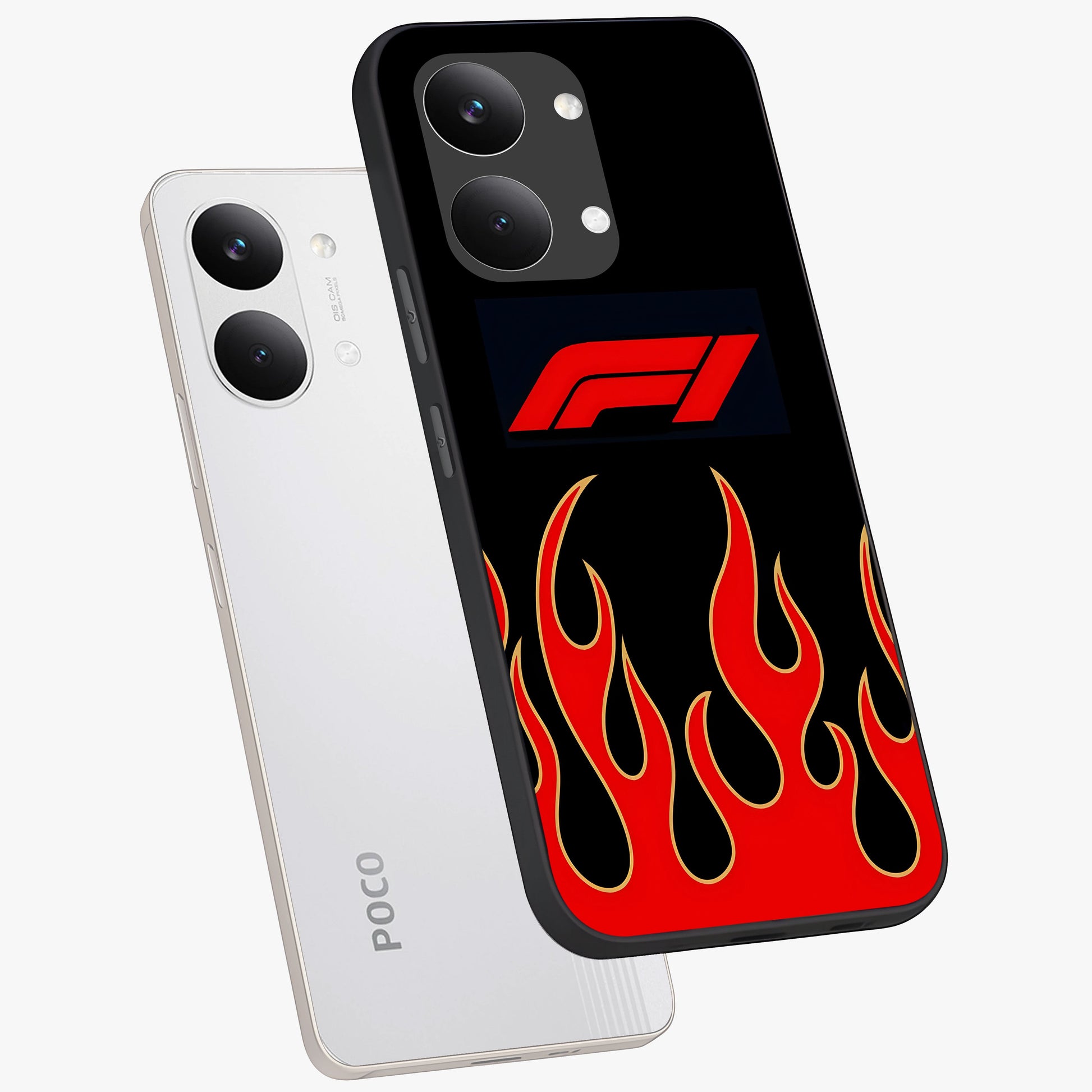 Fire F11 Glass Case displayed in angled mockup highlighting bold fire inspired graphic with energetic aesthetic style.