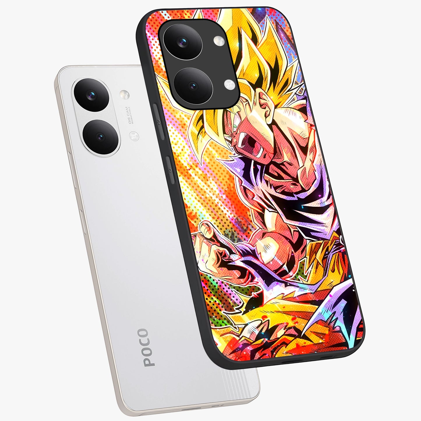 Firing Goku Glass Case displayed in angled mockup highlighting dynamic anime character design with action aesthetic.