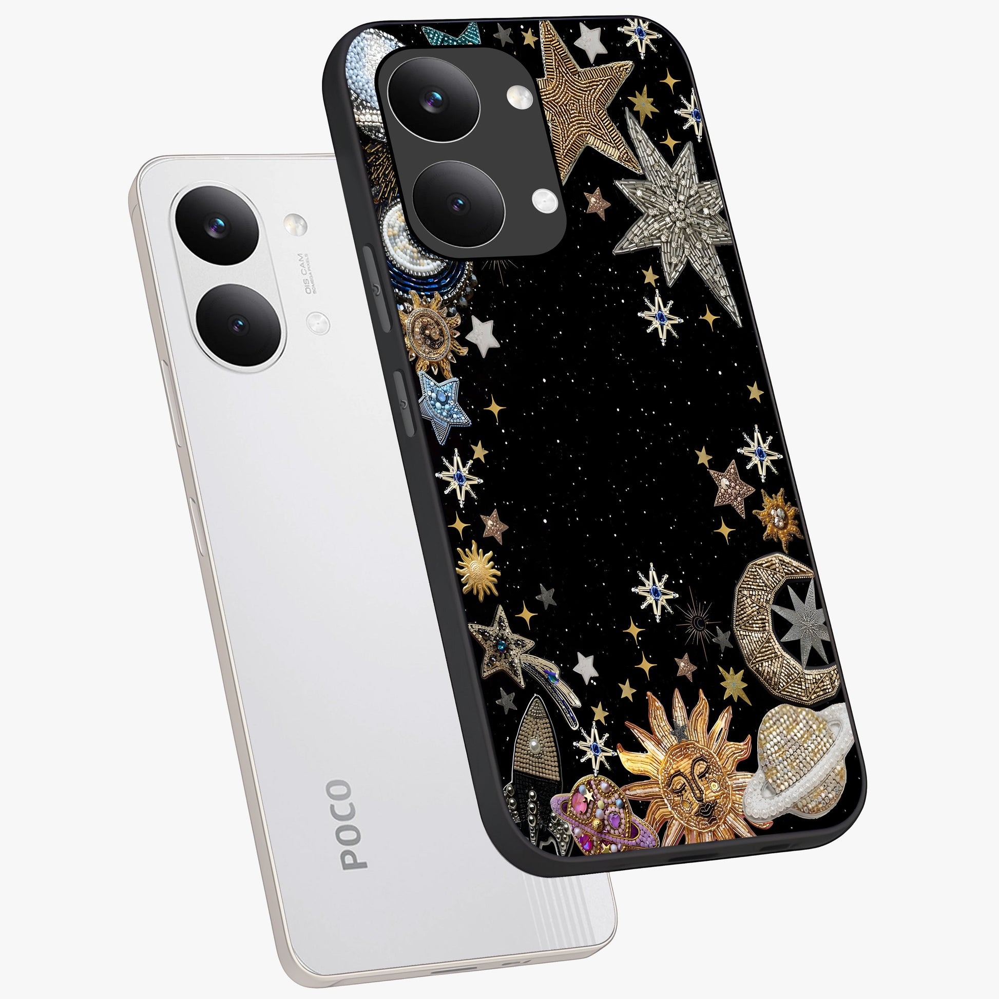 Galactic Jewel Stars Glass Case displayed in angled mockup highlighting shining celestial star design with cosmic aesthetic style.