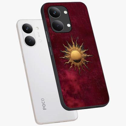 Golden Sun Minimalism Glass Case displayed in angled mockup highlighting clean sun symbol design with modern minimal aesthetic.