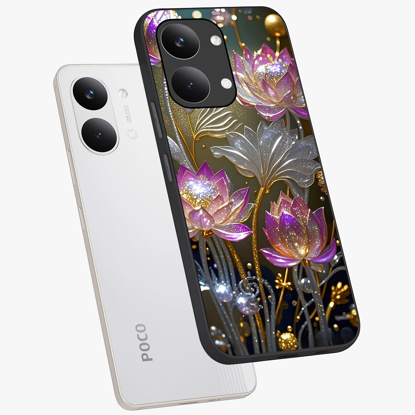 Golden Floral Majesty Glass Case displayed in angled mockup highlighting elegant flower design with royal golden aesthetic.