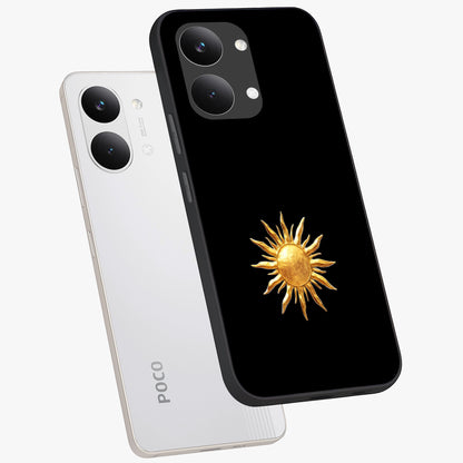 Golden Sun Minimalism Glass Case displayed in angled mockup highlighting eerie shadow illustration with gothic aesthetic.