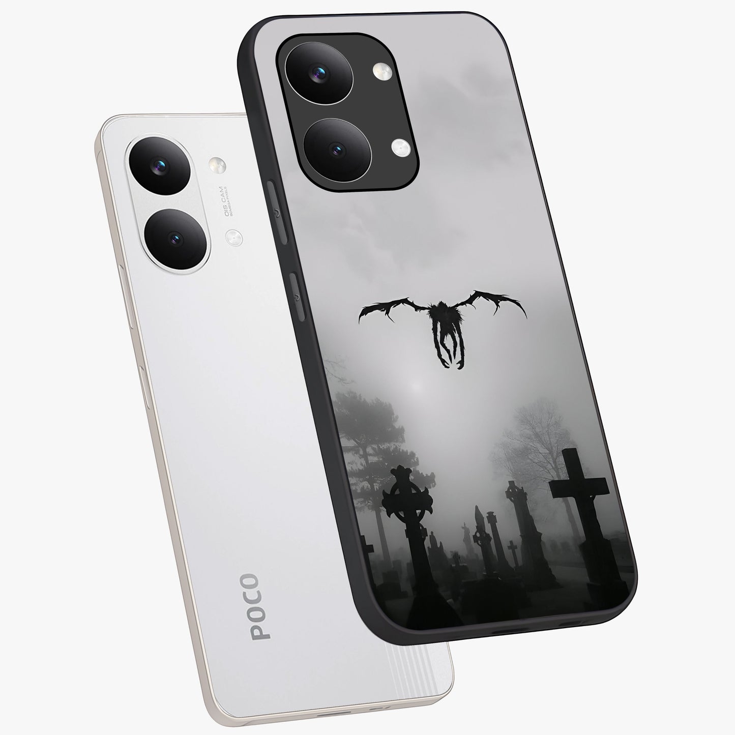 Graveyard Shadow Descent Glass Case displayed in angled mockup highlighting eerie shadow illustration with gothic aesthetic.