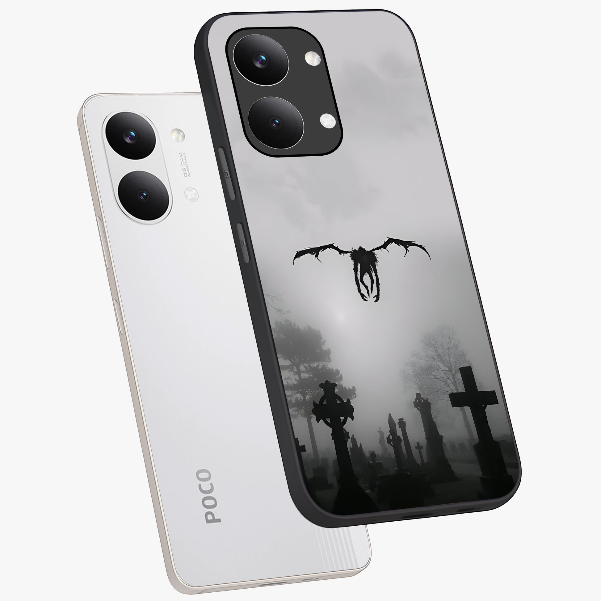 Graveyard Shadow Descent Glass Case displayed in angled mockup highlighting eerie shadow illustration with gothic aesthetic.