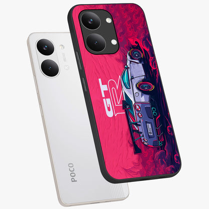 GT-R Car Pattern Glass Case displayed in angled mockup highlighting racing car graphic design with bold automotive aesthetic.