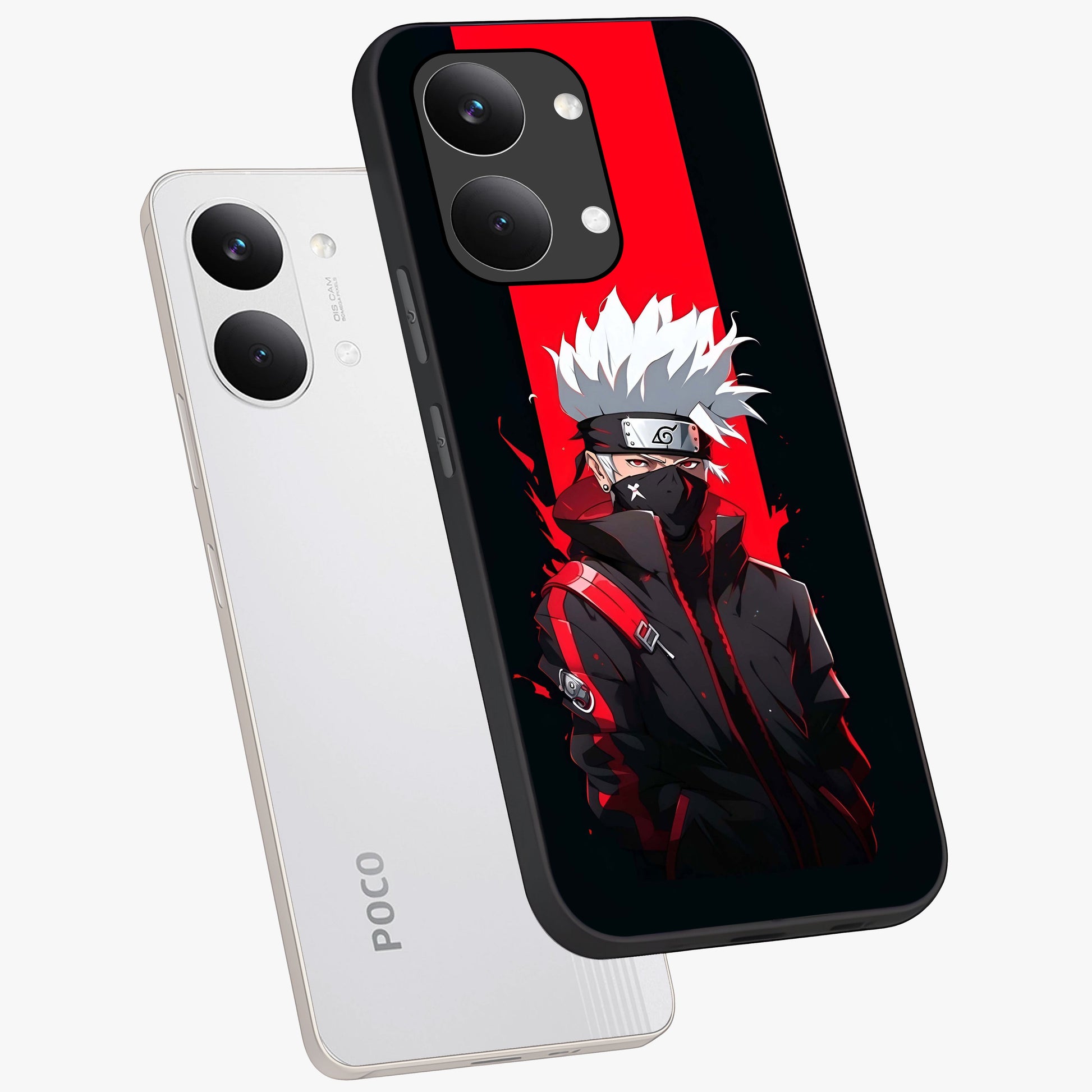 Kakashi Scarlet Shadow Glass Case displayed in angled mockup highlighting dramatic ninja illustration with scarlet themed aesthetic.