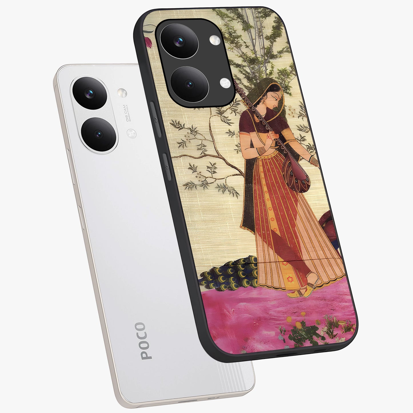 Lady With Veena Art Glass Case displayed in angled mockup highlighting graceful musical illustration with cultural artistic aesthetic.