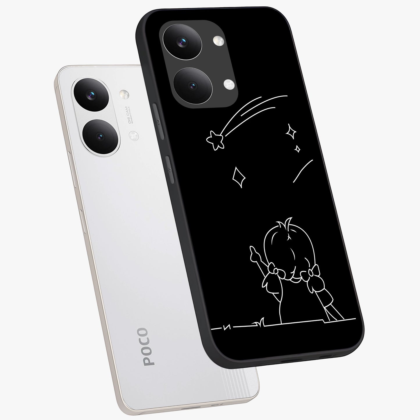 Line Art Girl With Shooting Stars Glass Case displayed in angled mockup highlighting elegant line art design with dreamy star aesthetic.