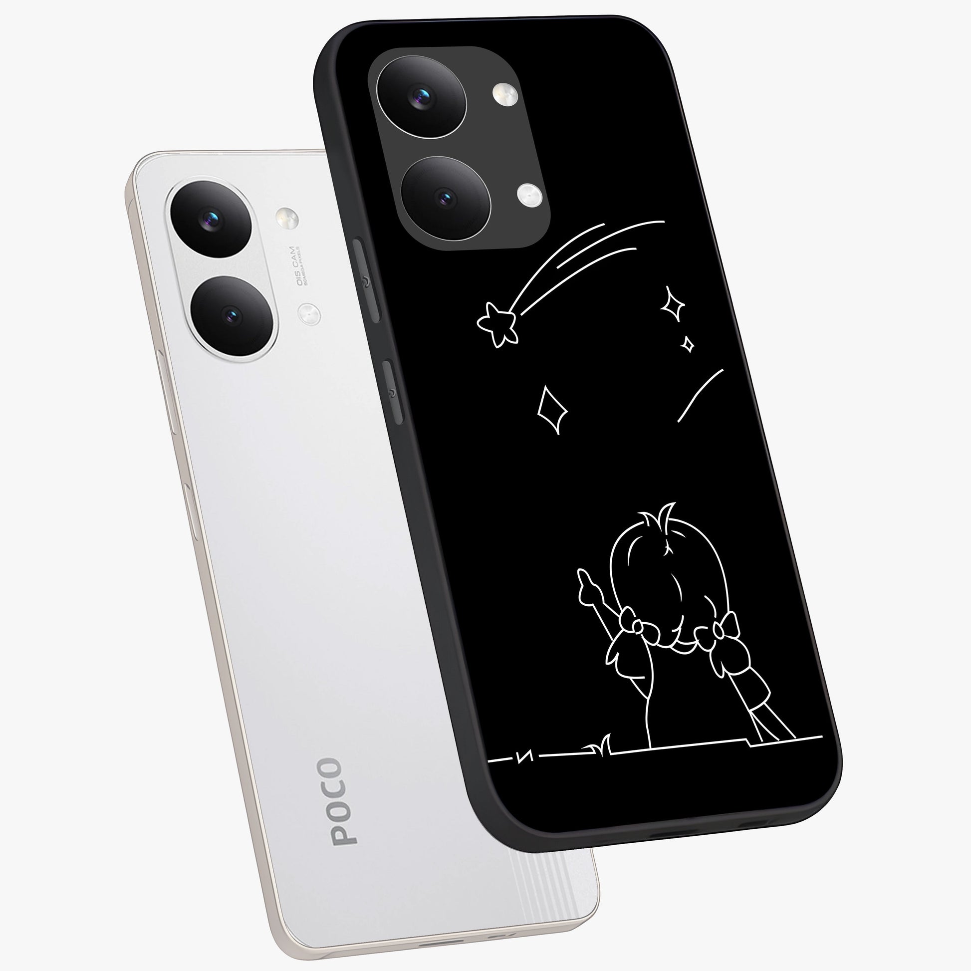 Line Art Girl With Shooting Stars Glass Case displayed in angled mockup highlighting elegant line art design with dreamy star aesthetic.
