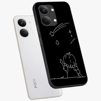 Line Art Girl With Shooting Stars Glass Case displayed in angled mockup highlighting elegant line art design with dreamy star aesthetic.