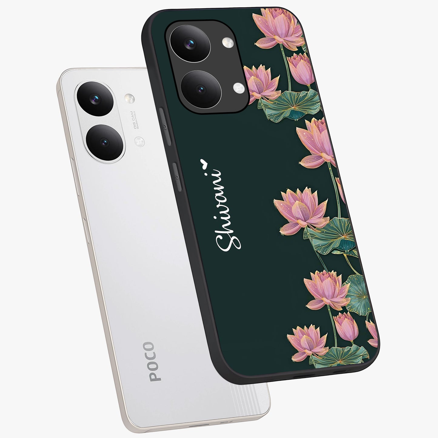 Lotus Bloom Serenity Custom Name Glass Case displayed in angled mockup highlighting graceful lotus illustration with custom name feature.