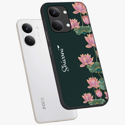 Lotus Bloom Serenity Custom Name Glass Case displayed in angled mockup highlighting graceful lotus illustration with custom name feature.