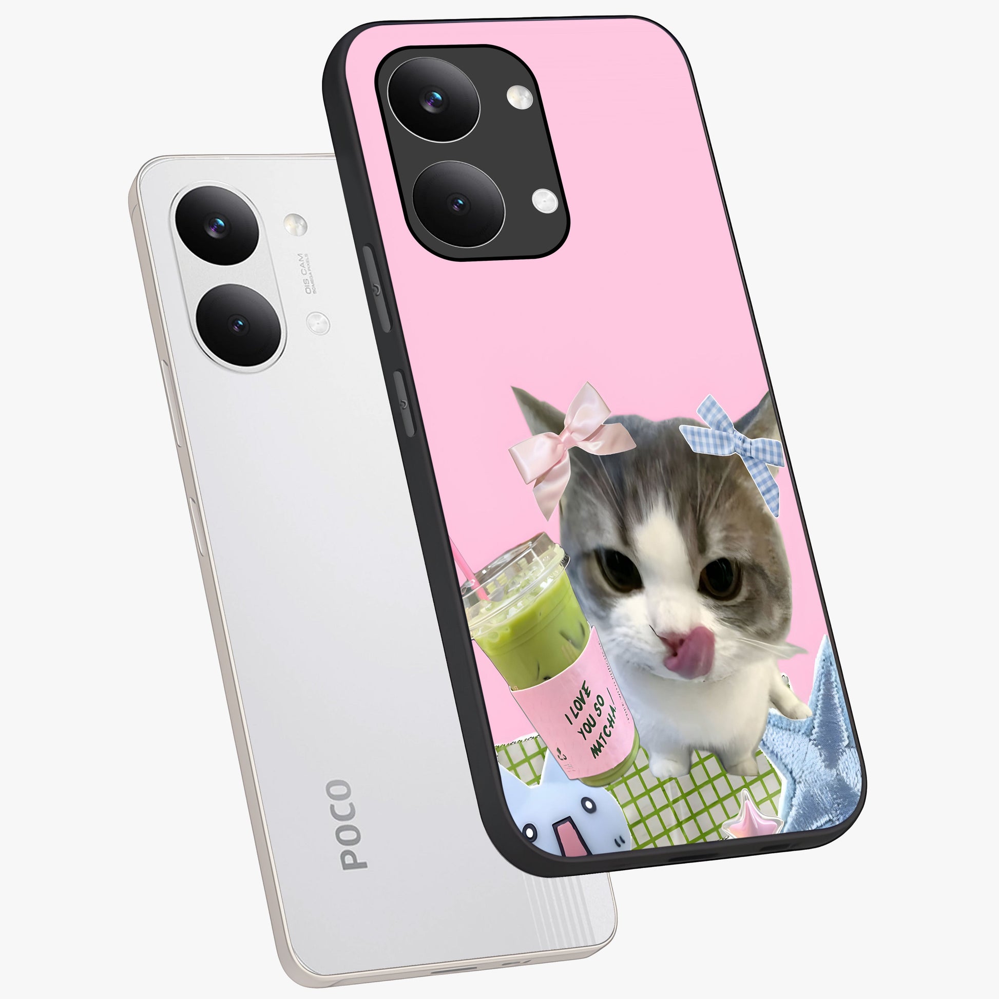 Love Matcha Cat Glass Case displayed in angled mockup highlighting playful feline illustration with cozy matcha aesthetic.