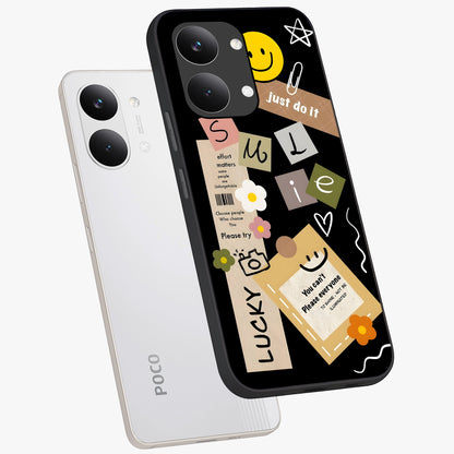 Lucky Aesthetic Collage Glass Case displayed in angled mockup highlighting stylish collage pattern with modern aesthetic vibe.
