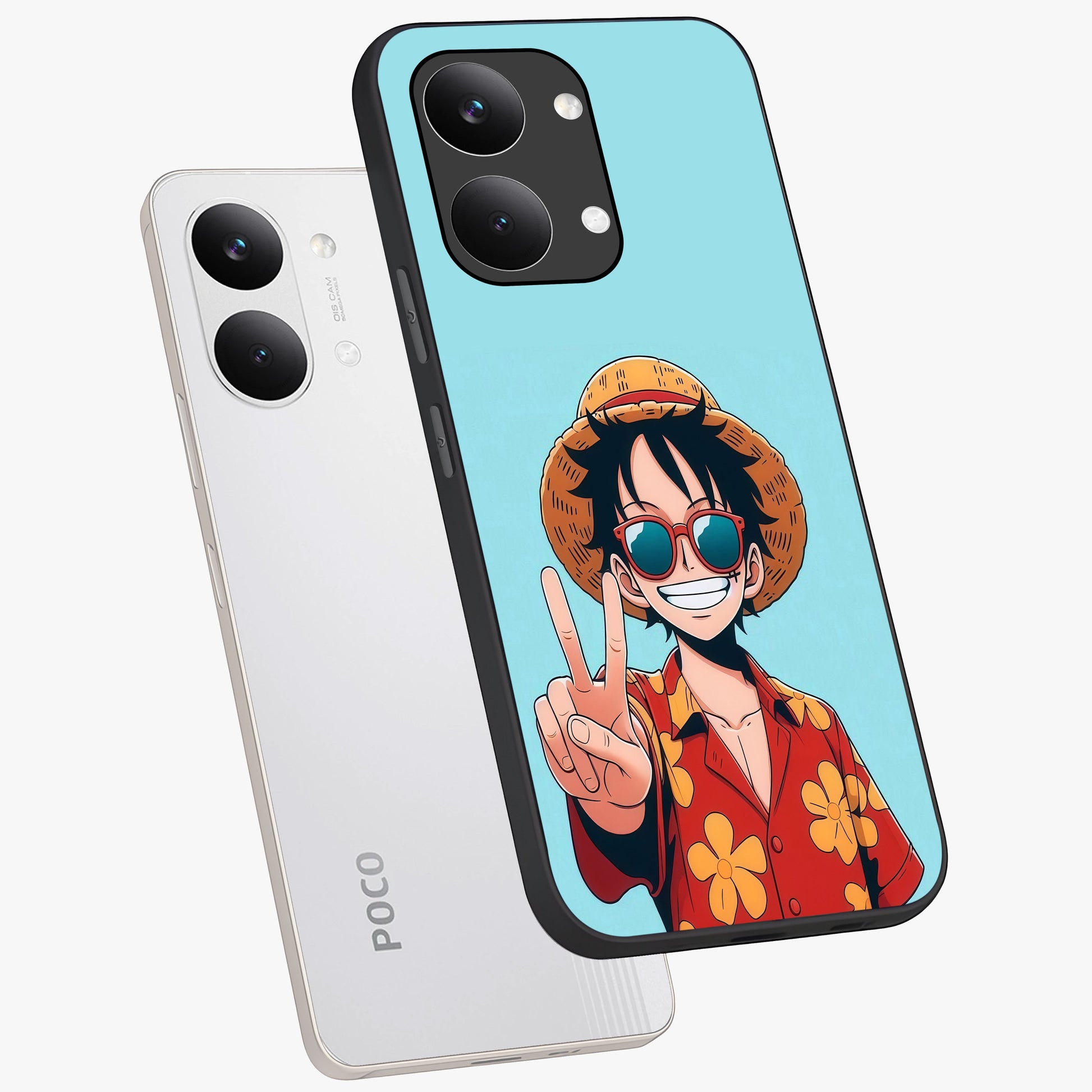 Luffy Summer Anime Vibe Glass Case displayed in angled mockup highlighting energetic anime illustration with summer vibe aesthetic.