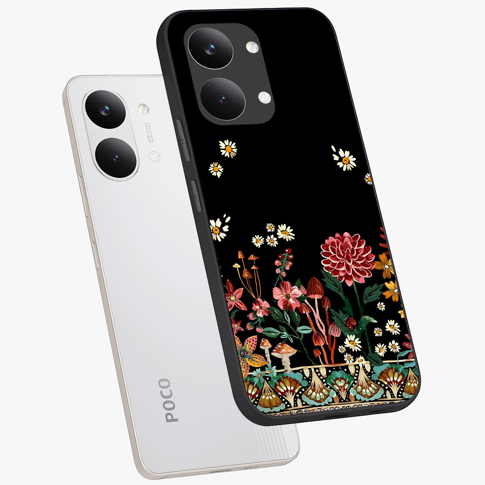 Midnight Bloom Pattern Glass Case displayed in angled mockup highlighting elegant flower design with midnight aesthetic style.