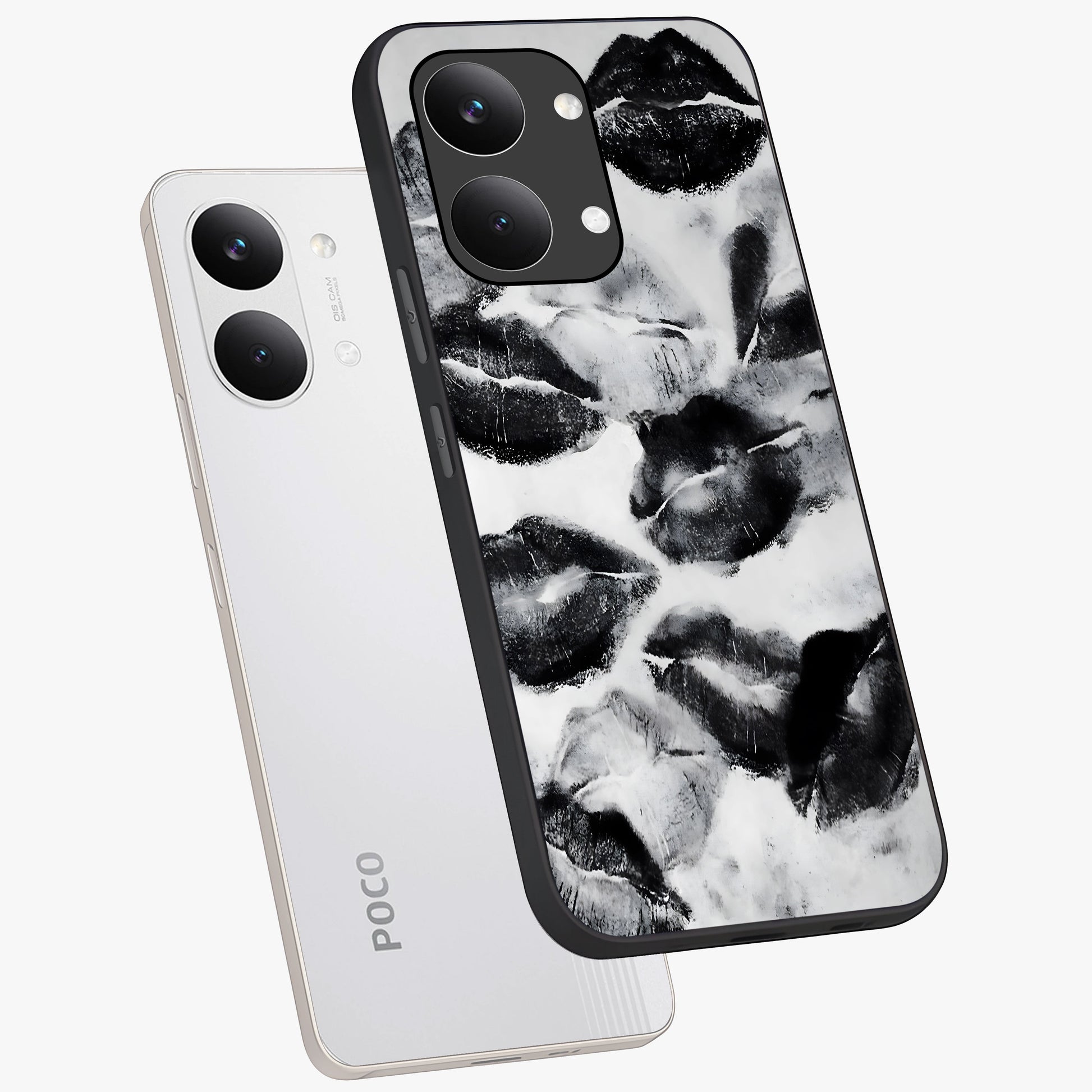 Midnight Kiss Marks Glass Case displayed in angled mockup highlighting playful romantic design with bold midnight aesthetic.