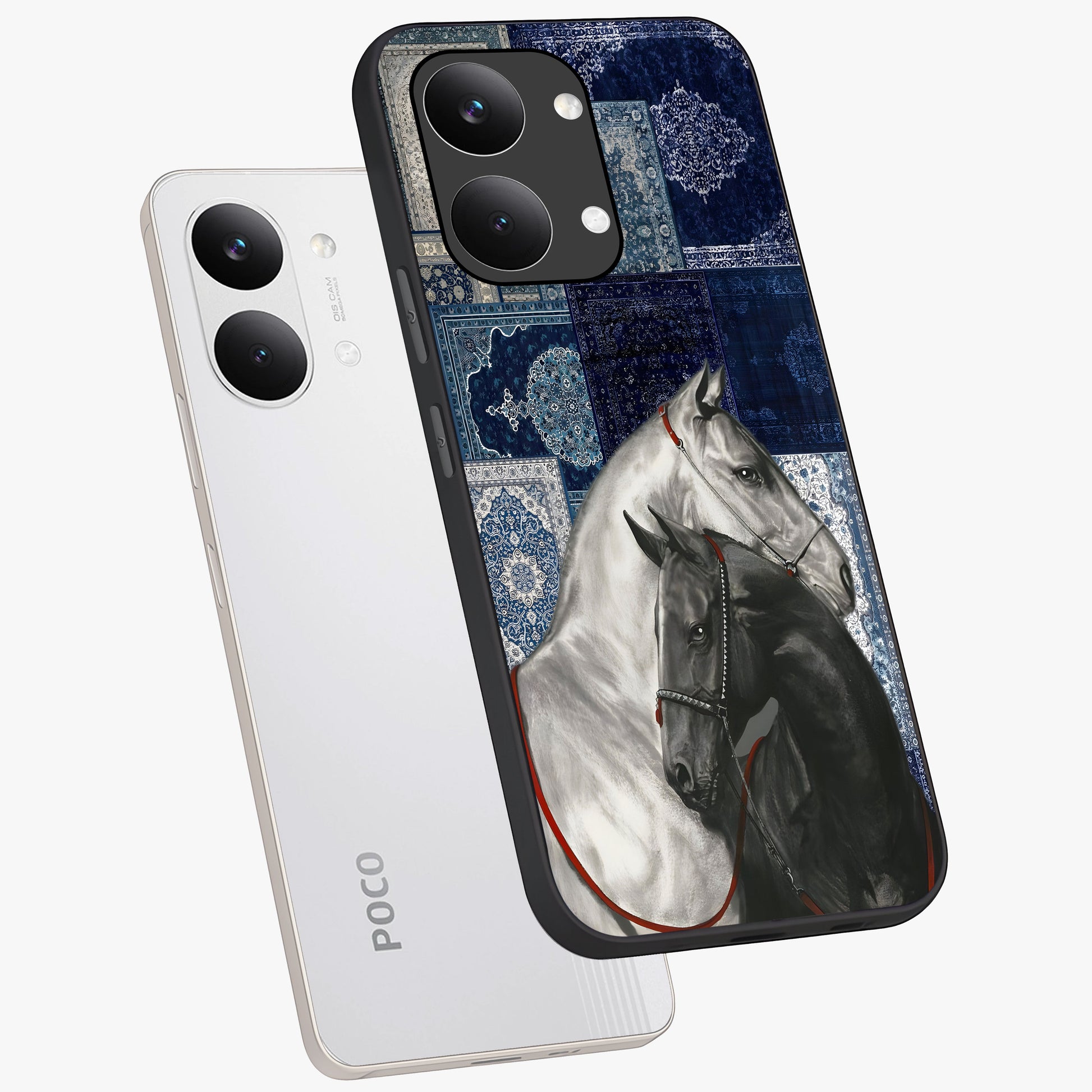 Midnight Stallion Blues Glass Case displayed in angled mockup highlighting powerful stallion illustration with deep midnight tones.