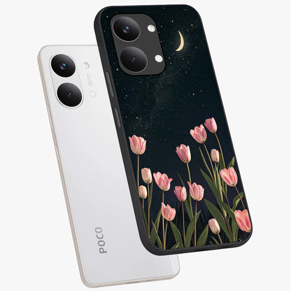 Midnight Tulip Whispers Vibe Glass Case displayed in angled mockup highlighting delicate tulip design with midnight floral aesthetic.