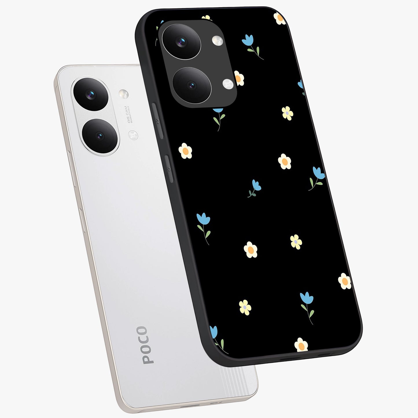 Minimal Petal Whispers Glass Case displayed in angled mockup highlighting delicate petal design with clean minimal aesthetic.