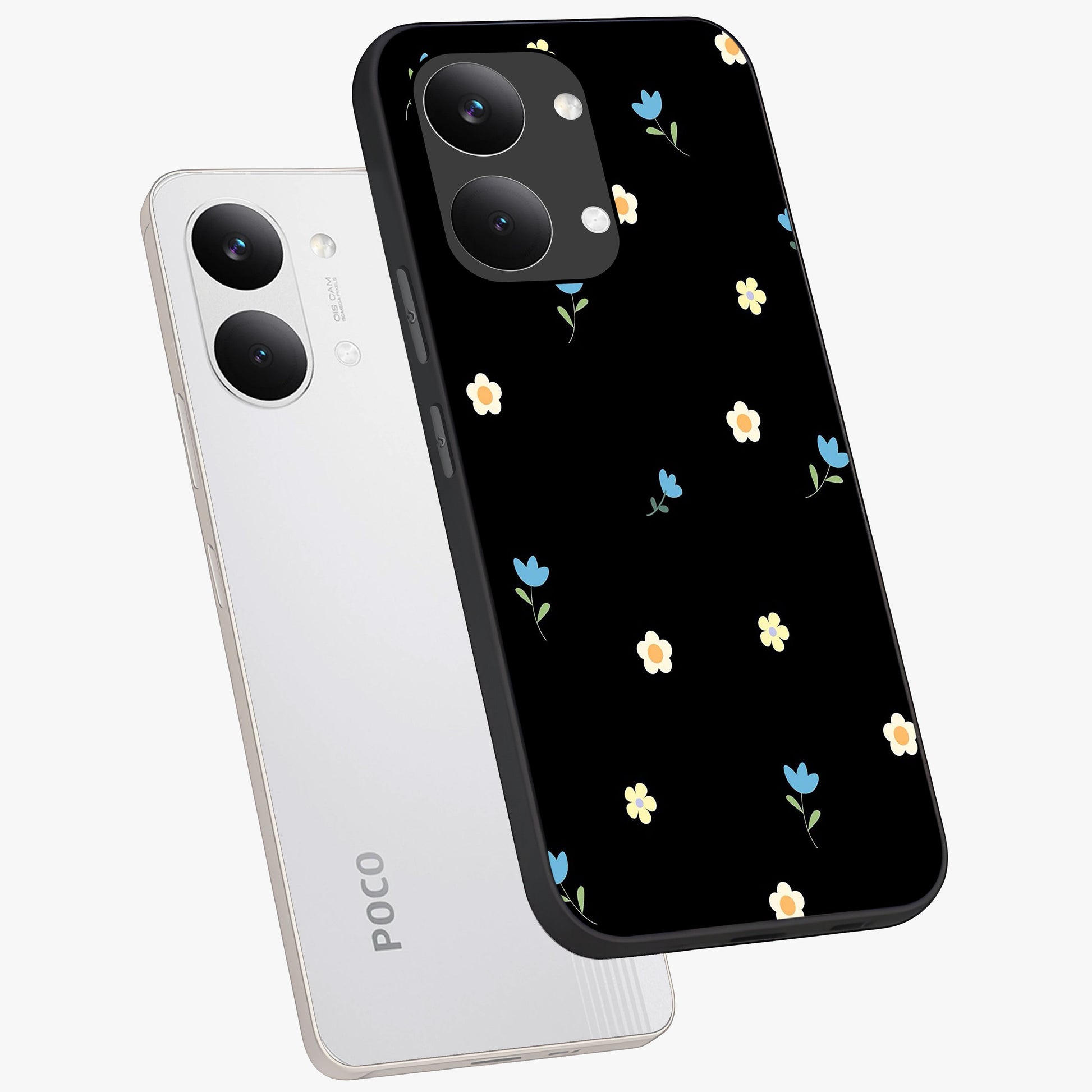 Minimal Petal Whispers Glass Case displayed in angled mockup highlighting delicate petal design with clean minimal aesthetic.