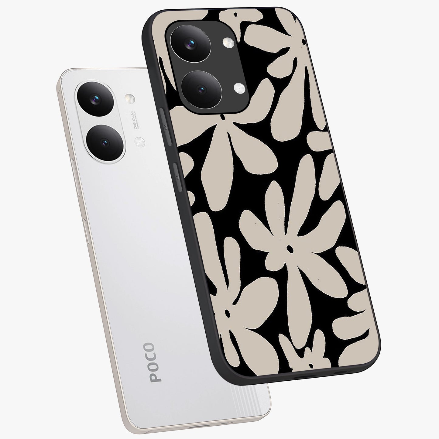 Monochrome Petal Dance Glass Case displayed in angled mockup highlighting elegant petal design with black and white aesthetic.