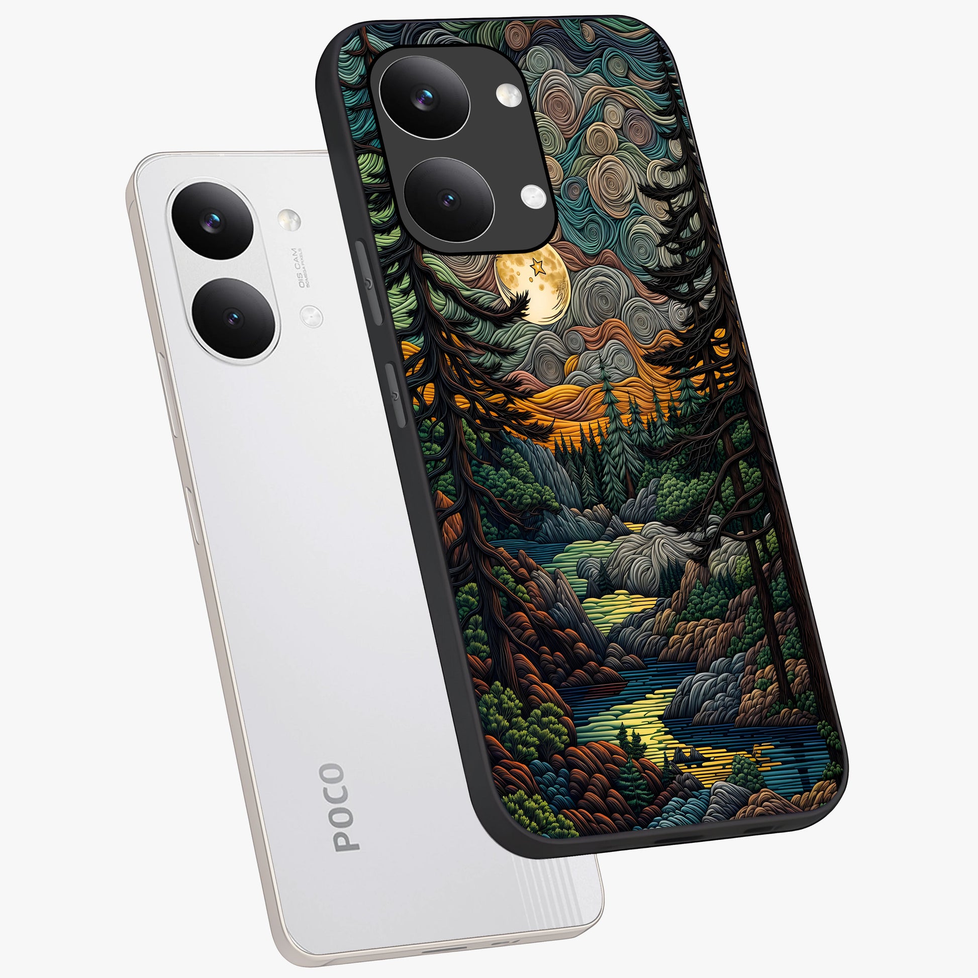 Moonlight Forest Dream Glass Case displayed in angled mockup highlighting dreamy forest design with glowing moon aesthetic.