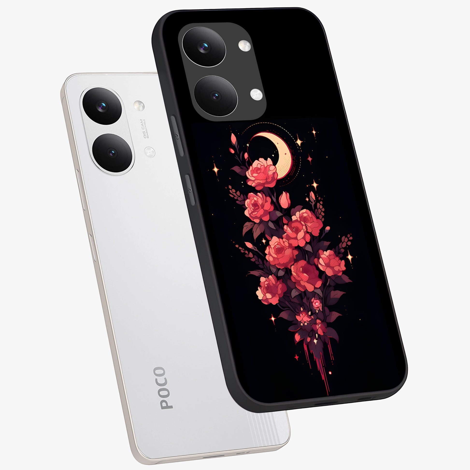 Moonlit Floral Elegance Glass Case displayed in angled mockup highlighting graceful flower design with soft moonlight aesthetic.