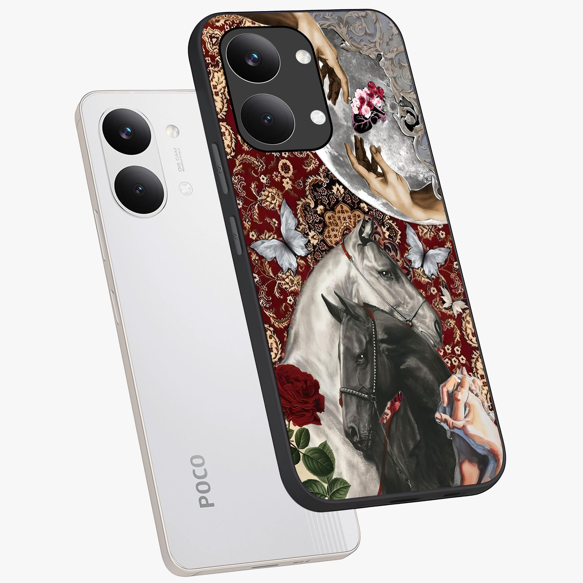 Moonlit Royal Stallion Glass Case displayed in angled mockup highlighting powerful stallion illustration with royal night aesthetic.