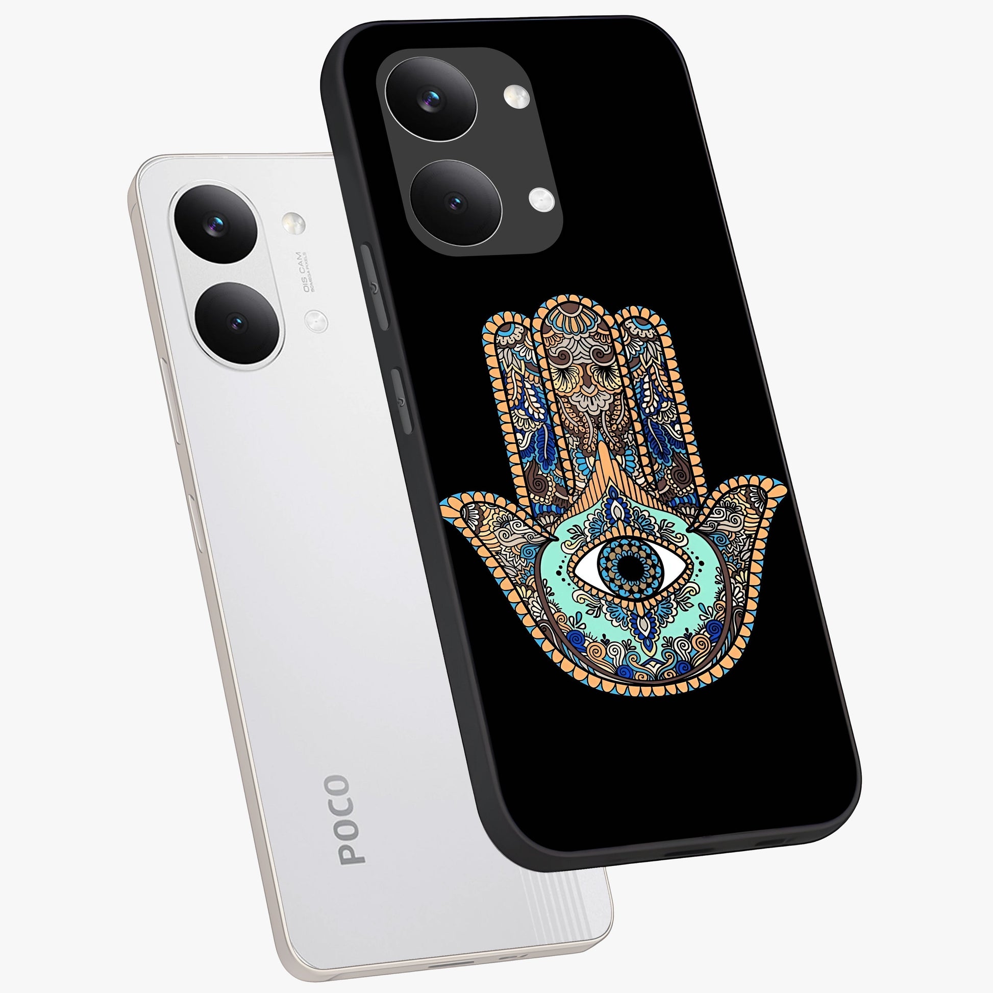 Mystic Hamsa Eye Glass Case displayed in angled mockup highlighting spiritual hamsa symbol with mystical aesthetic style.