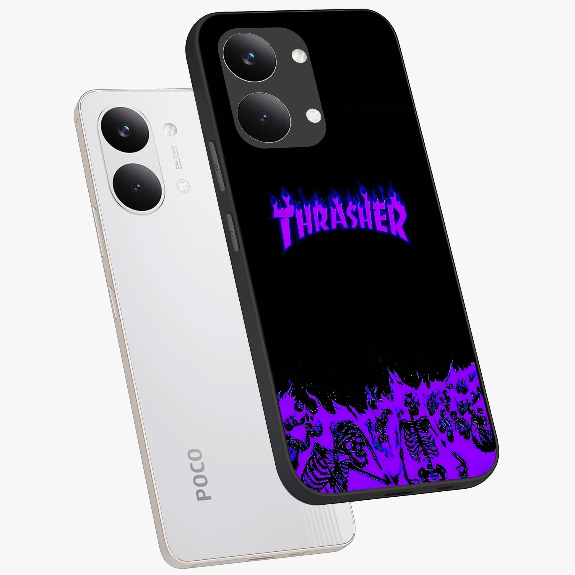 Neon Flame Riot Glass Case displayed in angled mockup highlighting glowing flame design with vibrant neon aesthetic.