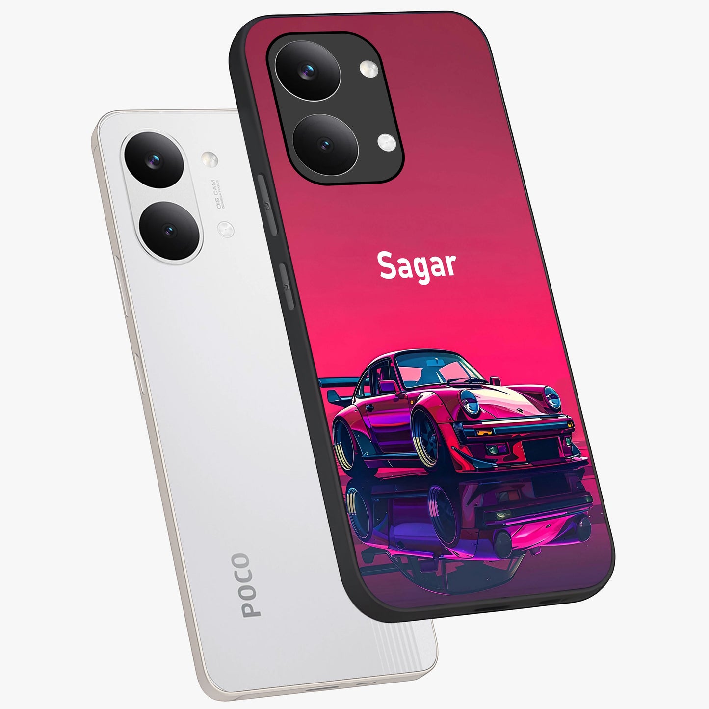 Neon Pink Porsche Glass Case displayed in angled mockup highlighting sleek neon pink car design with racing aesthetic.