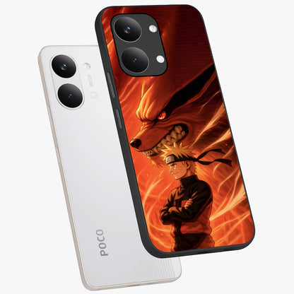 Nine Tails Legacy Glass Case displayed in angled mockup highlighting dynamic anime beast illustration with bold mystical aesthetic.