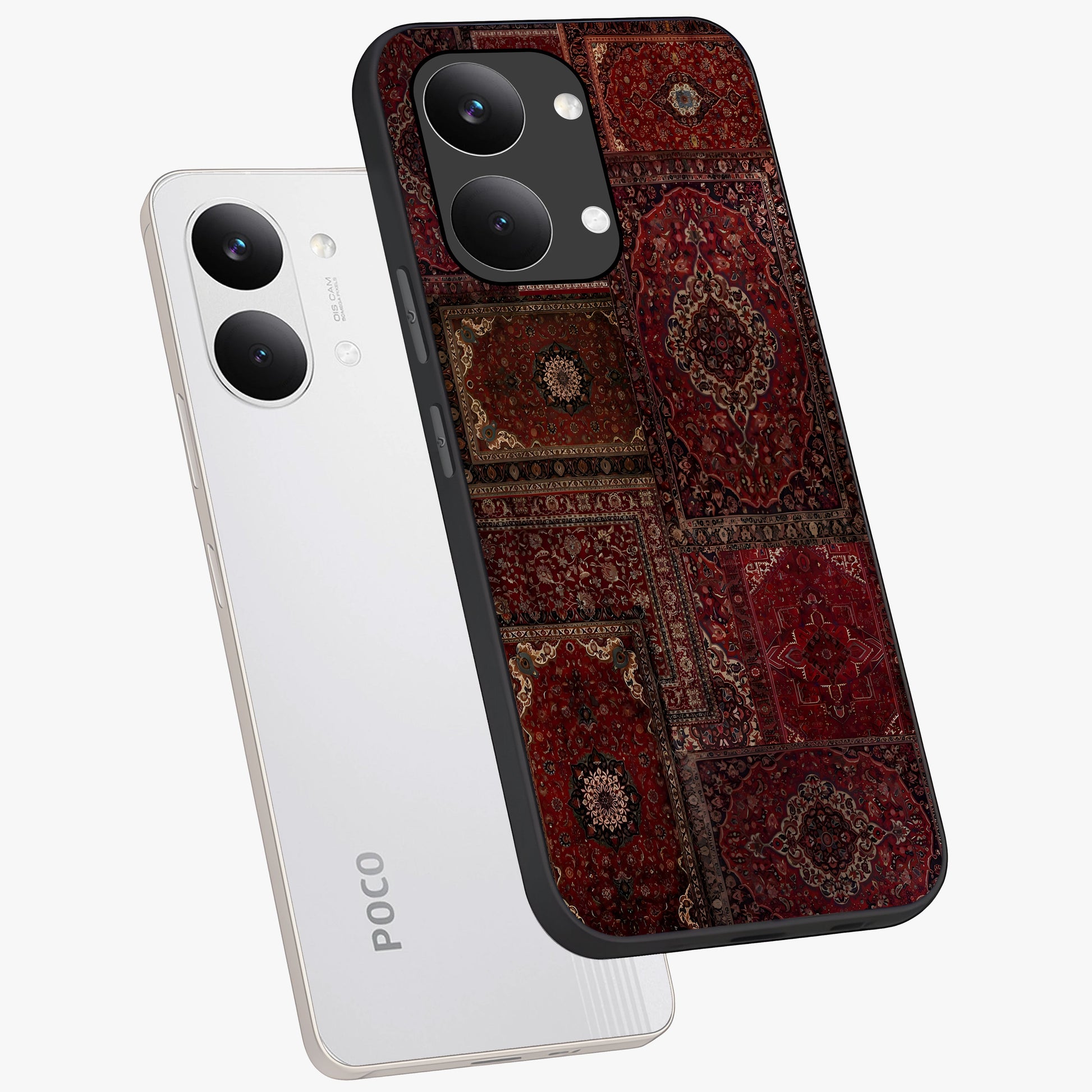 Persian Velvet Tale Glass Case displayed in angled mockup highlighting ornate textile inspired design with royal aesthetic.