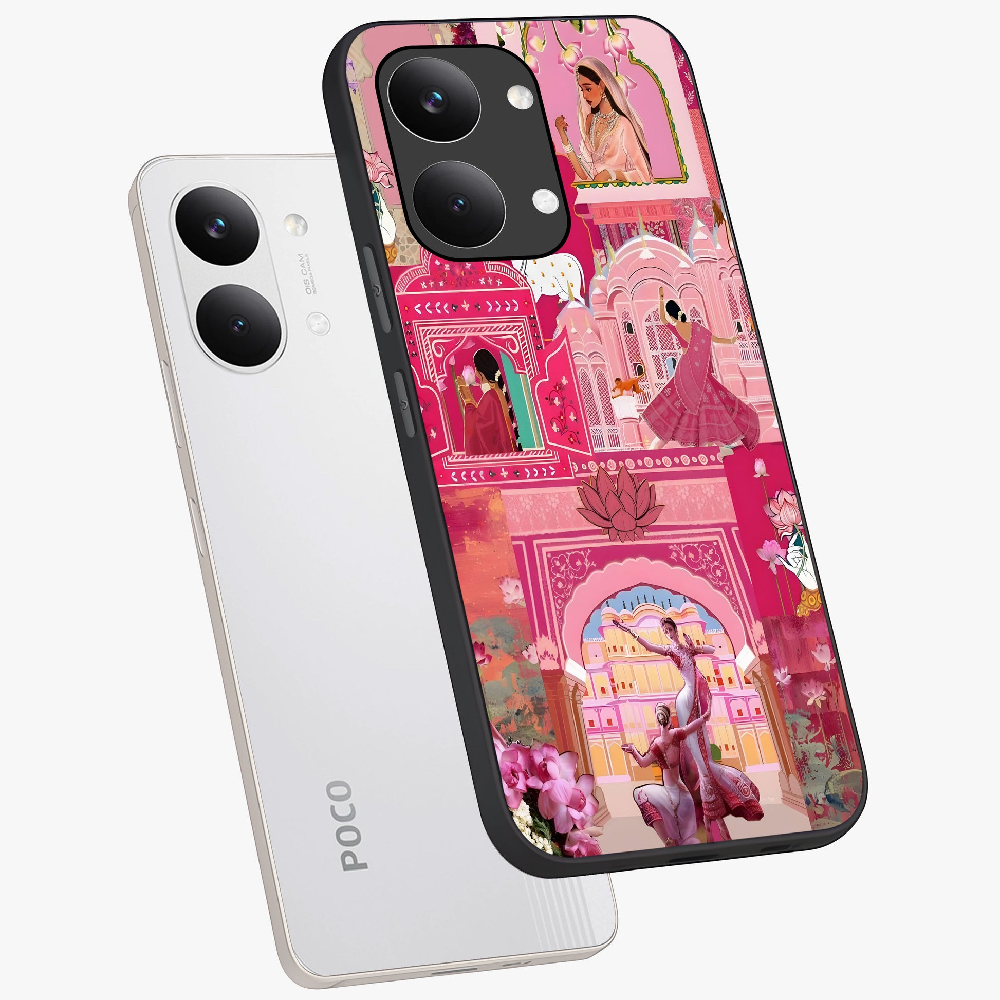 Pink Palace Muse Glass Case displayed in angled mockup highlighting dreamy palace illustration with soft pink aesthetic.