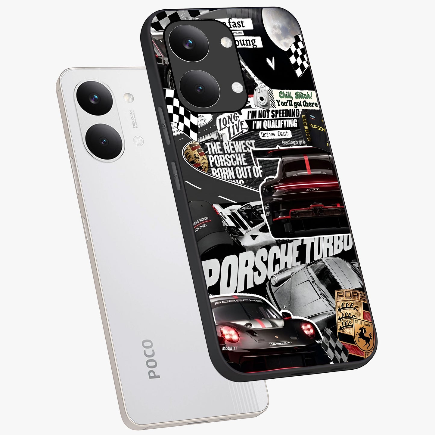 Porsche Racing Collage Glass Case displayed in angled mockup highlighting dynamic automotive design with bold racing aesthetic.