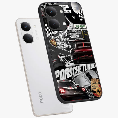 Porsche Racing Collage Glass Case displayed in angled mockup highlighting dynamic automotive design with bold racing aesthetic.