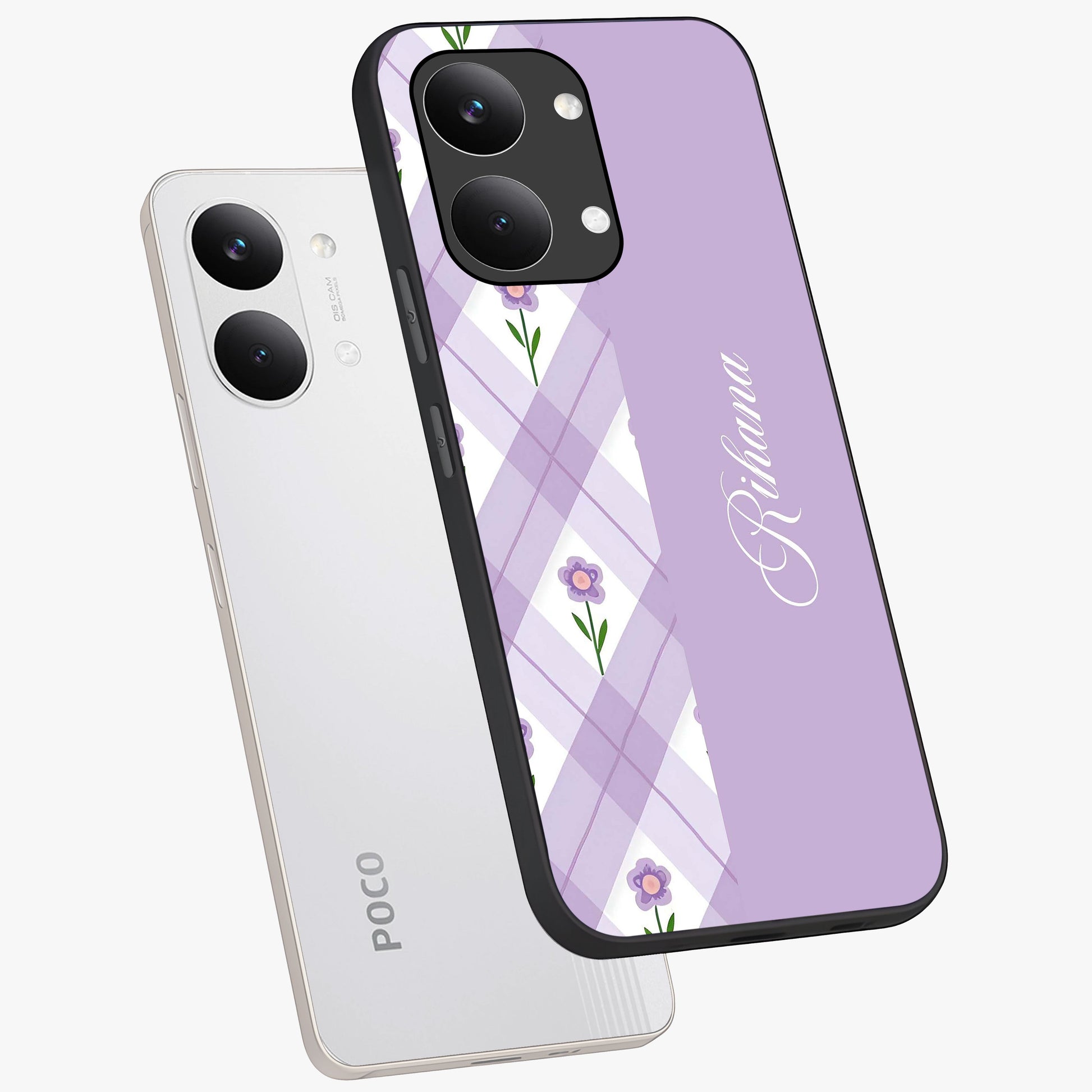 Purple Diamond Floral Glass Case displayed in angled mockup highlighting elegant purple flower design with decorative pattern.