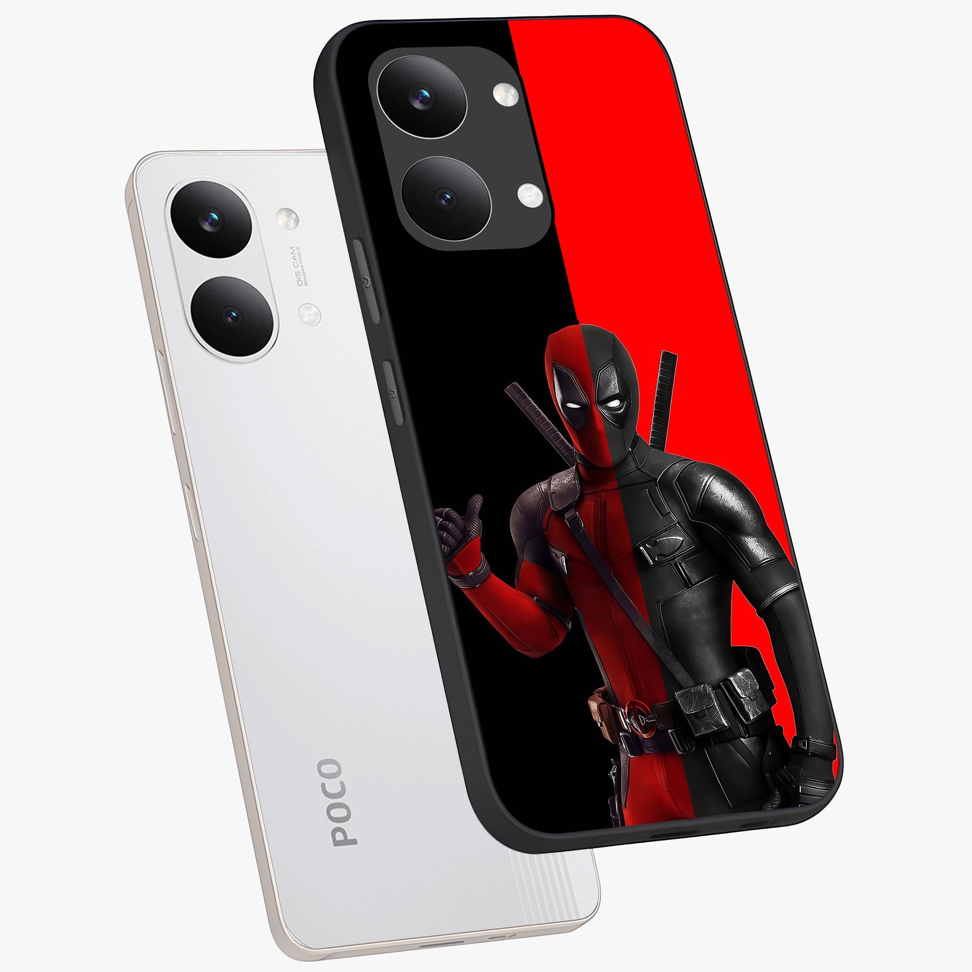 Red & Black Deadpool Theme Glass Case displayed in angled mockup highlighting vibrant superhero style illustration with action aesthetic.