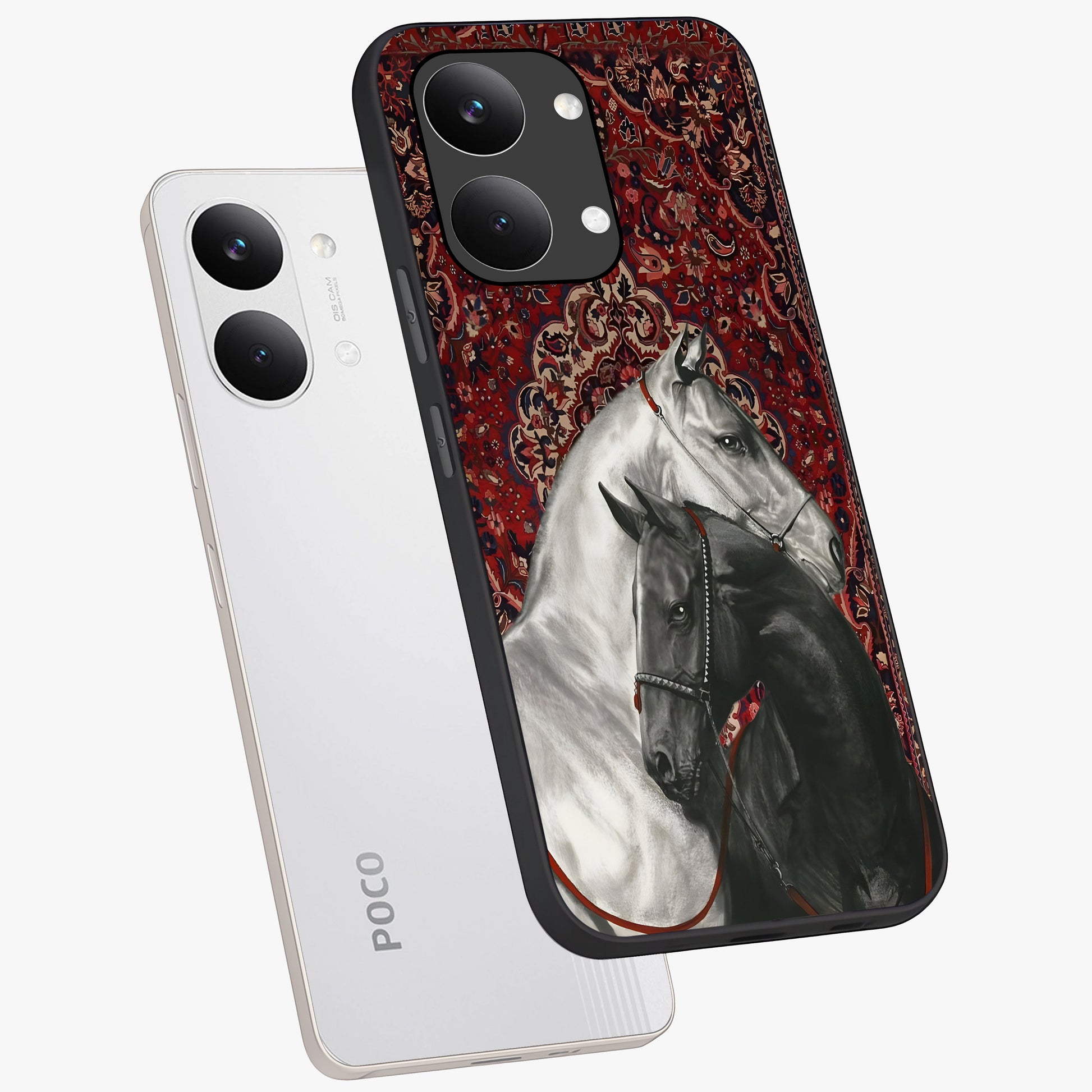 Regal Stallion Tapestry Glass Case displayed in angled mockup highlighting royal stallion design with decorative heritage aesthetic.