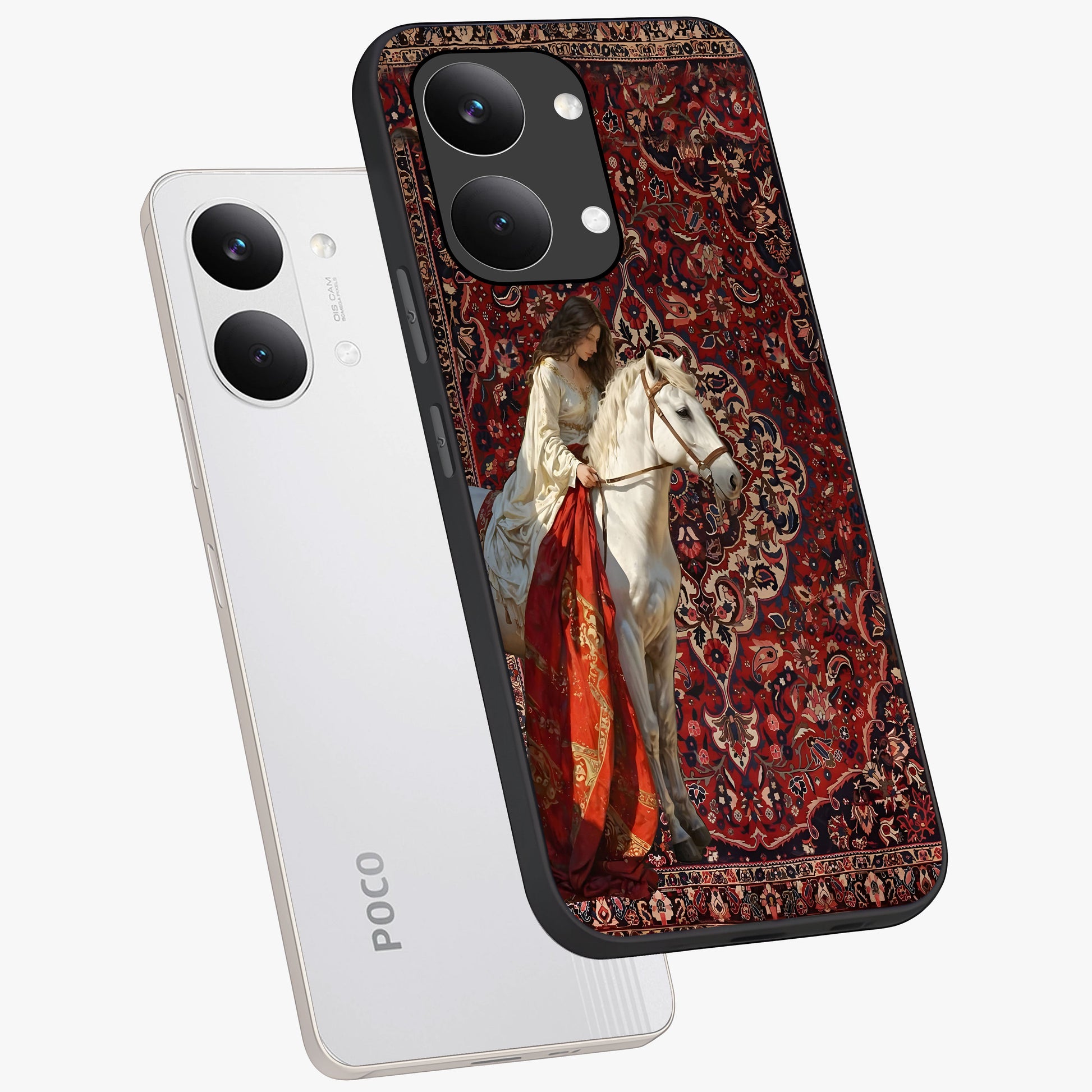 Royal Rider Tapestry Glass Case displayed in angled mockup highlighting traditional tapestry design with royal heritage aesthetic.