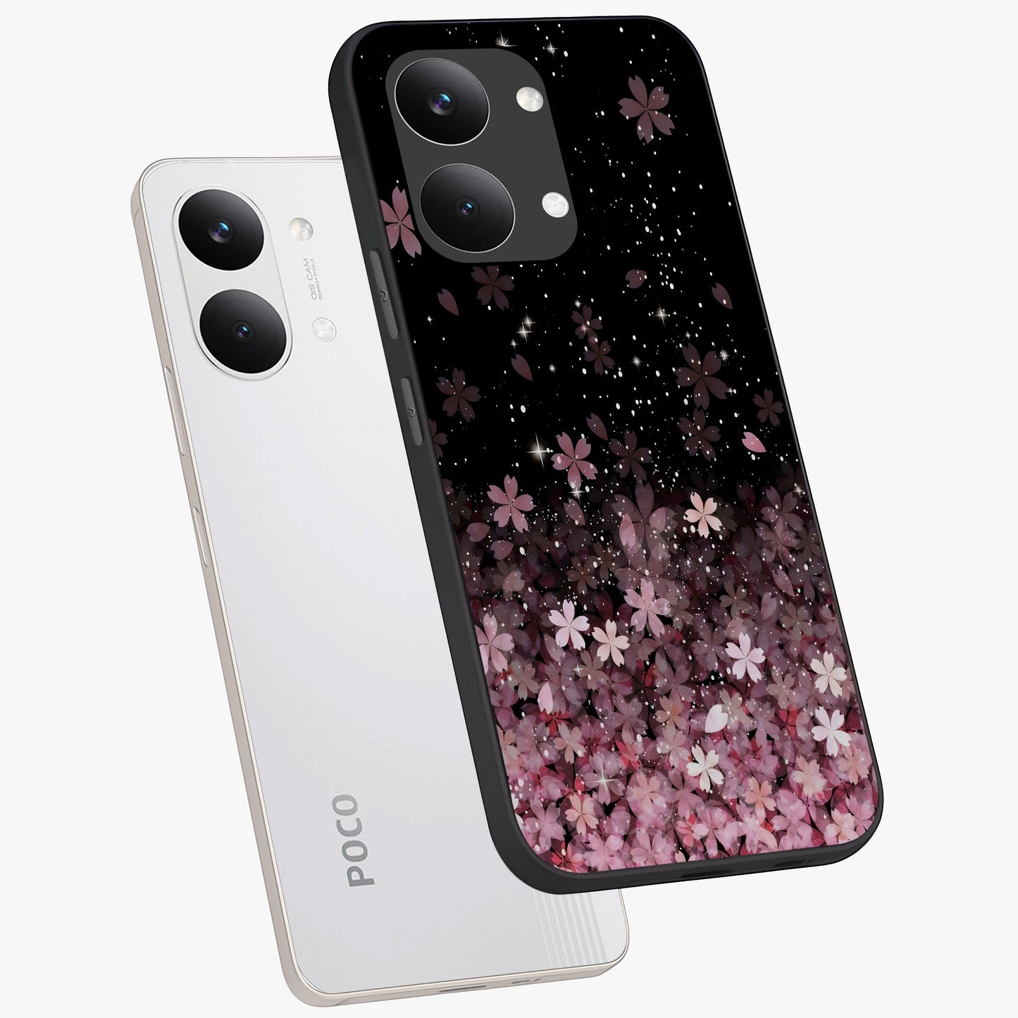 Small Starry Flowers Glass Case displayed in angled mockup highlighting tiny flower pattern with celestial aesthetic style.